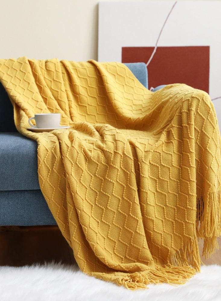 Solid Color Tassel Design Knitted Soft Throw Blanket Yellow