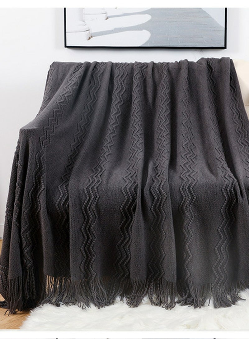 Solid Color Textured Tassel Design Knitted Soft Throw Blanket Dark Grey
