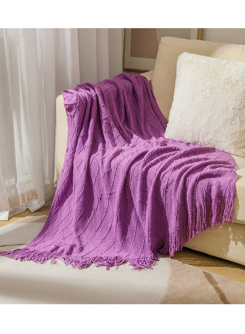 Tassel Design Knitted Soft Throw Blanket Keep Warm Purple