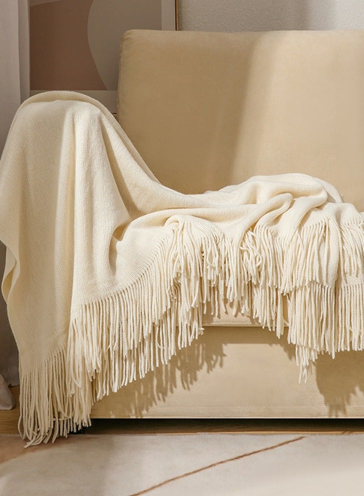 Solid Color Tassel Design Knitted Soft Throw Blanket Keep Warm Cream White