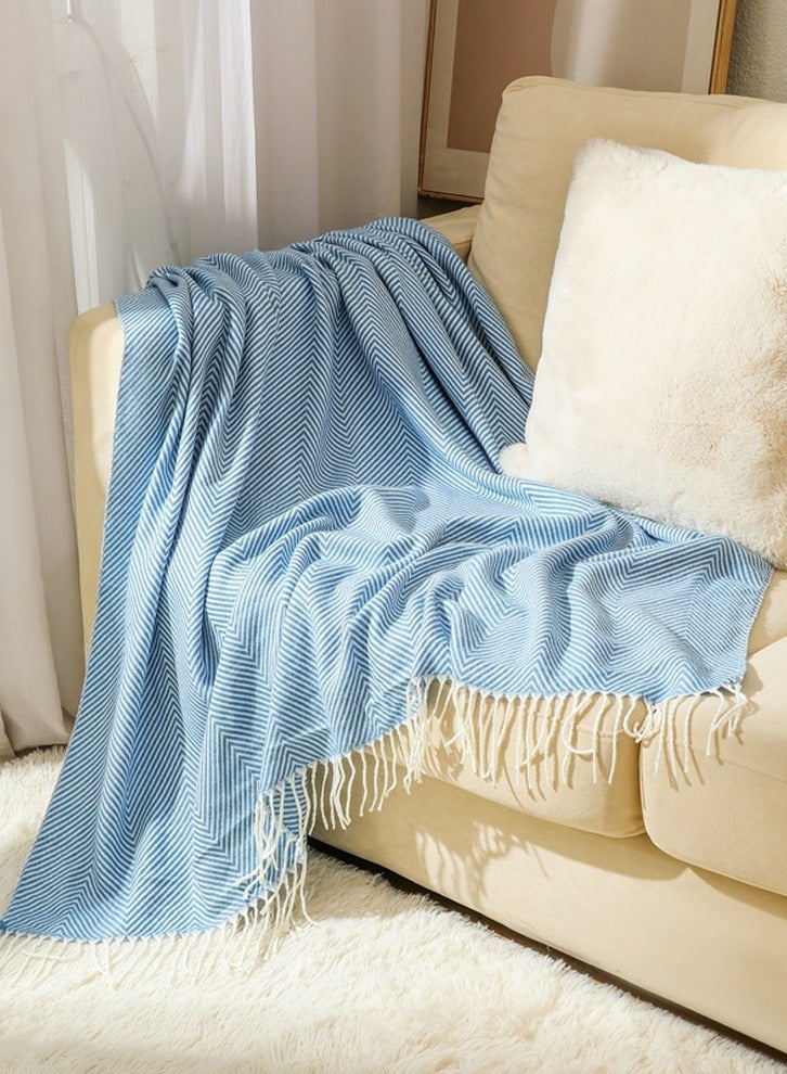 Stripes Tassel Design Knitted Soft Throw Blanket Blue