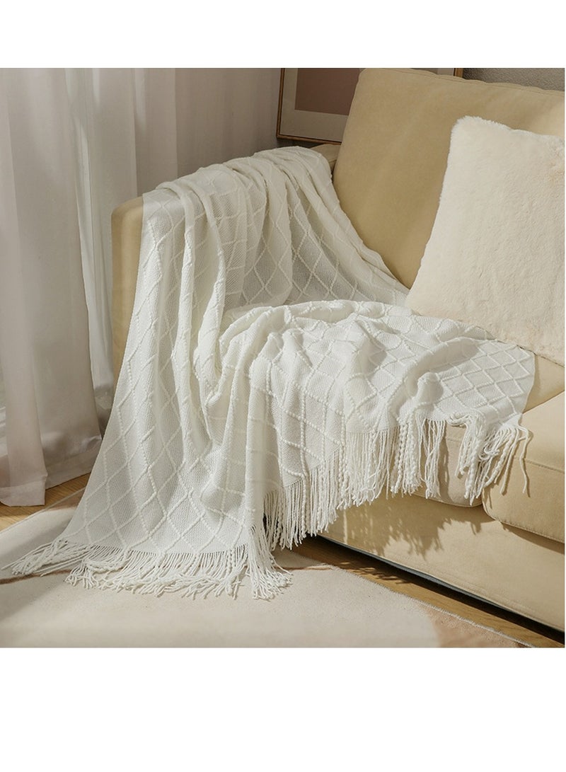 Tassel Design Knitted Soft Throw Blanket Keep Warm White