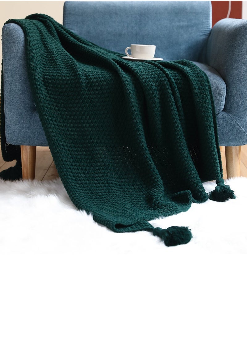 Solid Color Textured Knitted Soft Throw Blanket Keep Warm Dark Green