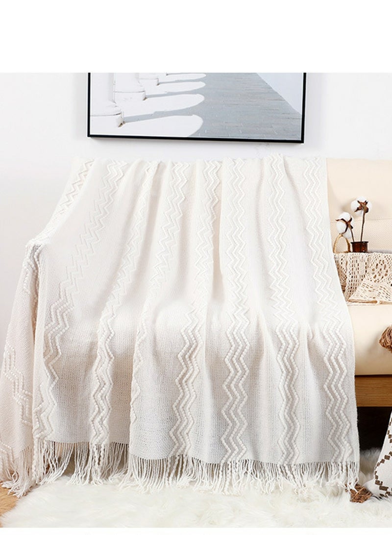 Solid Color Textured Tassel Design Knitted Soft Throw Blanket White