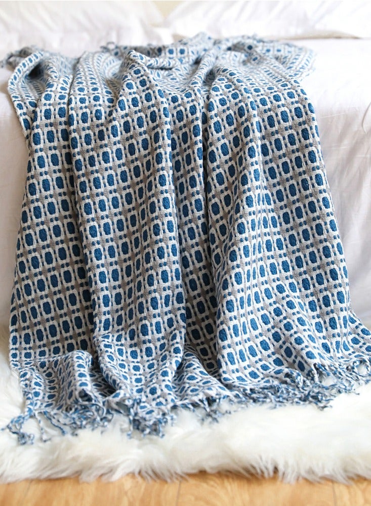 Checked Pattern Tassel Design Knitted Soft Throw Blanket Blue