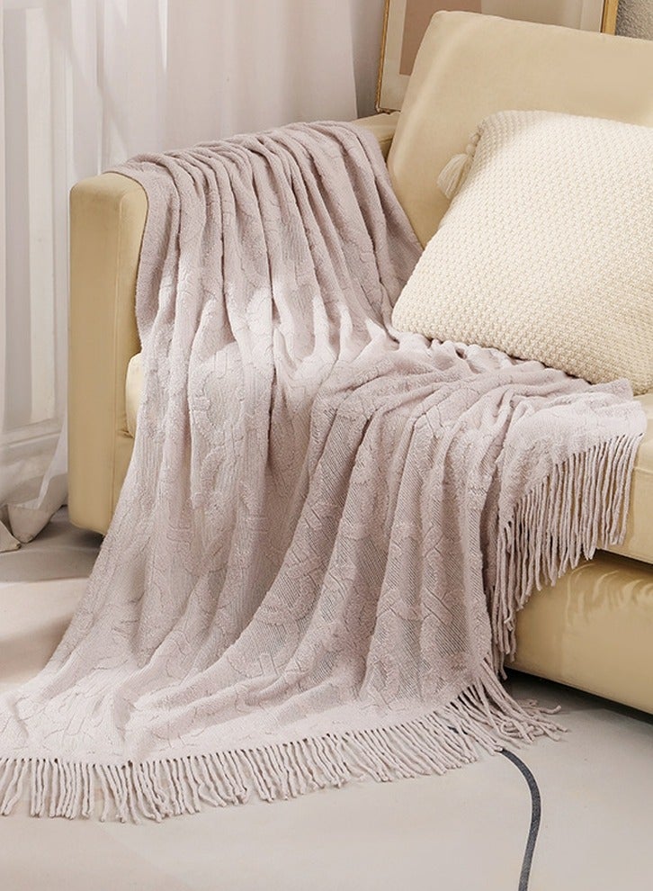 Solid Color Jacquard Weave Tassel Design Knitted Soft Throw Blanket Light Grey
