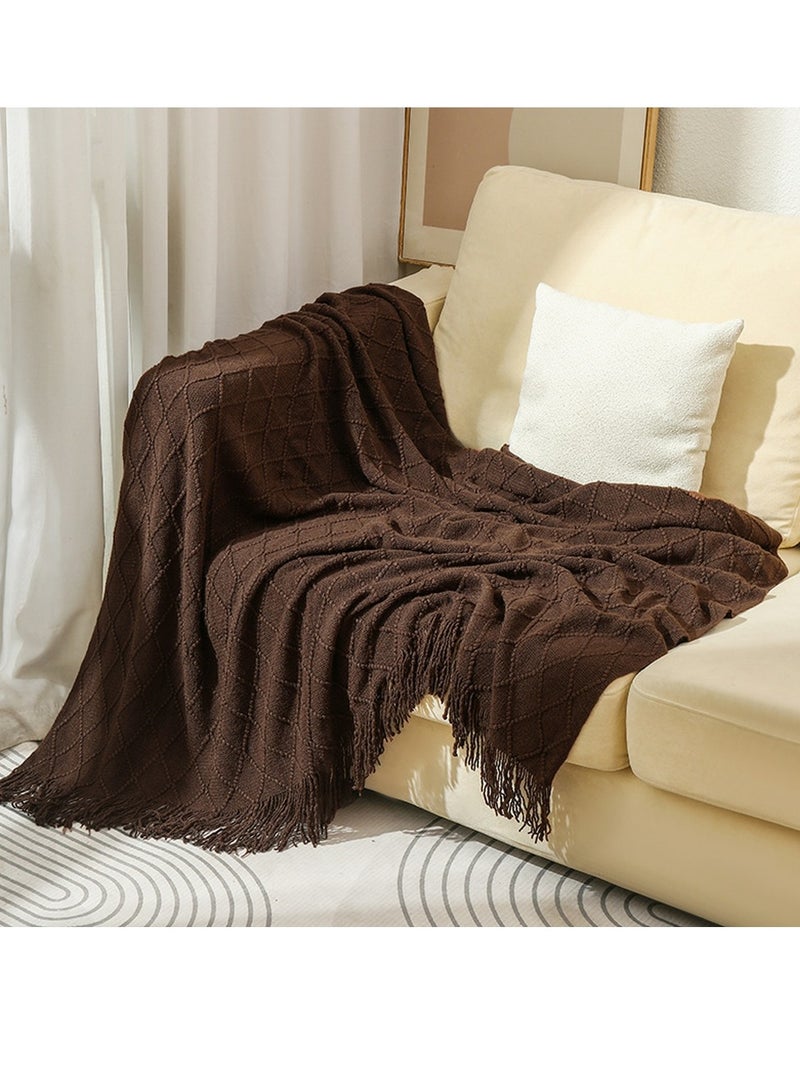 Tassel Design Knitted Soft Throw Blanket Keep Warm Dark Brown