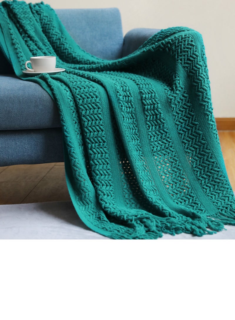 Solid Color Tassel Design Hollowed Knitted Soft Throw Blanket Green