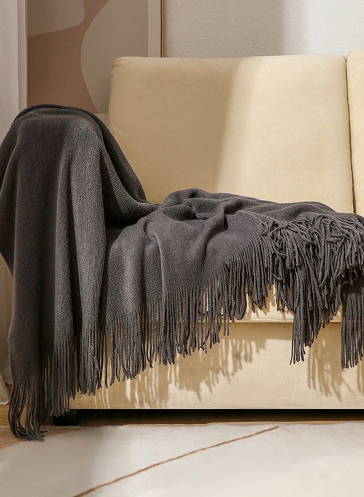 Solid Color Tassel Design Knitted Soft Throw Blanket Keep Warm Dark Grey