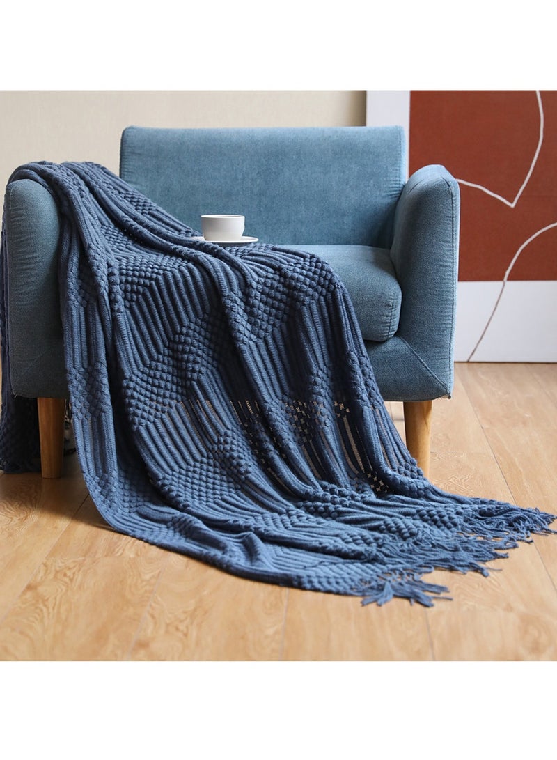 Tassel Design Textured Soft Throw Blanket Keep Warm Navy Blue