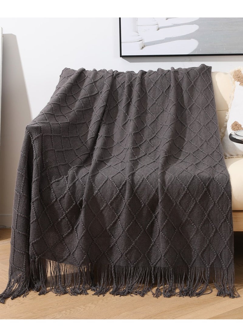 Tassel Design Knitted Soft Throw Blanket Keep Warm Ginger Dark Grey