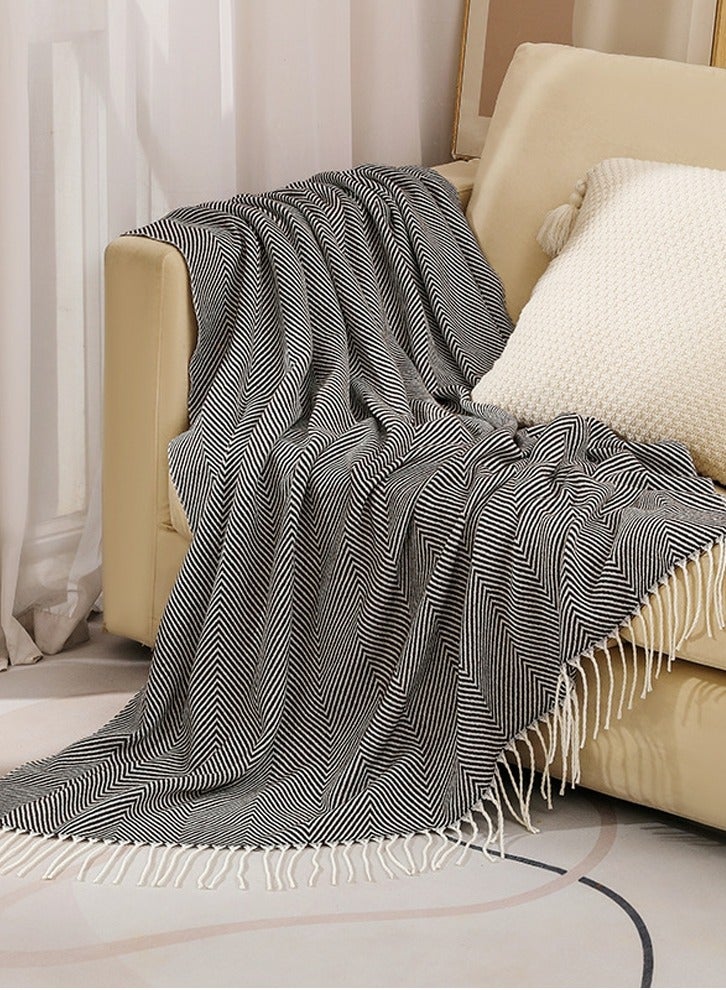 Stripes Tassel Design Knitted Soft Throw Blanket Dark Brown
