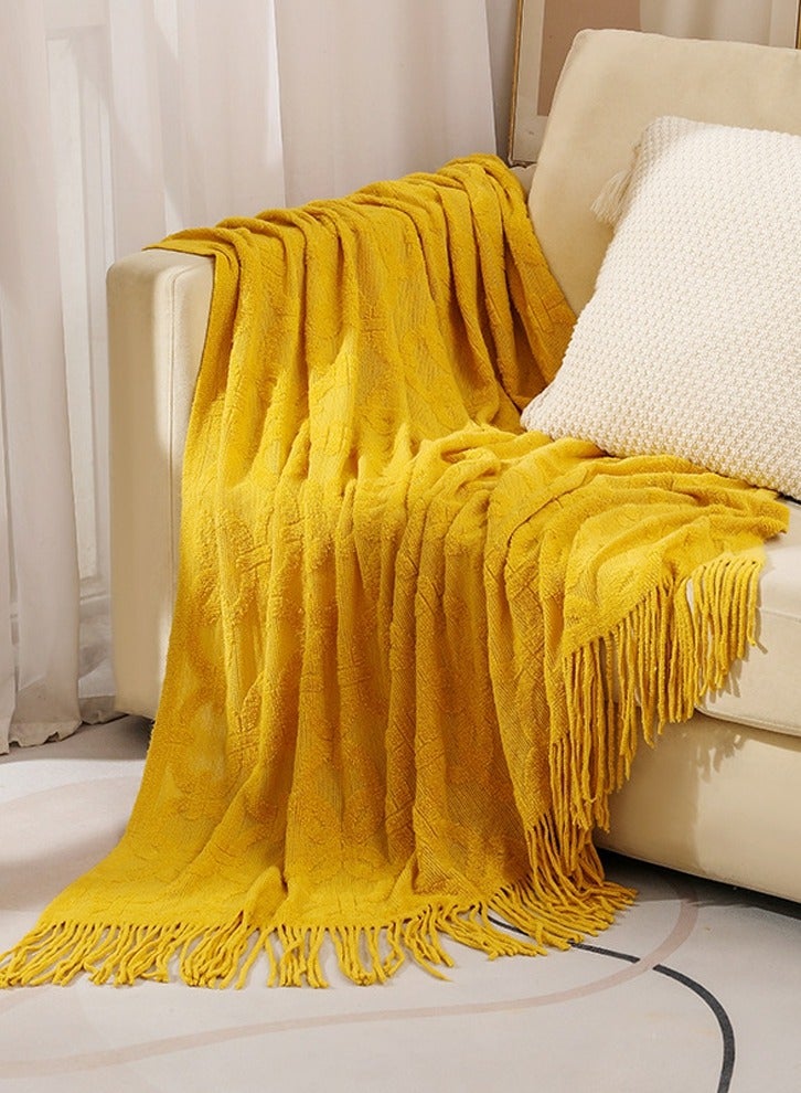 Solid Color Jacquard Weave Tassel Design Knitted Soft Throw Blanket Yellow