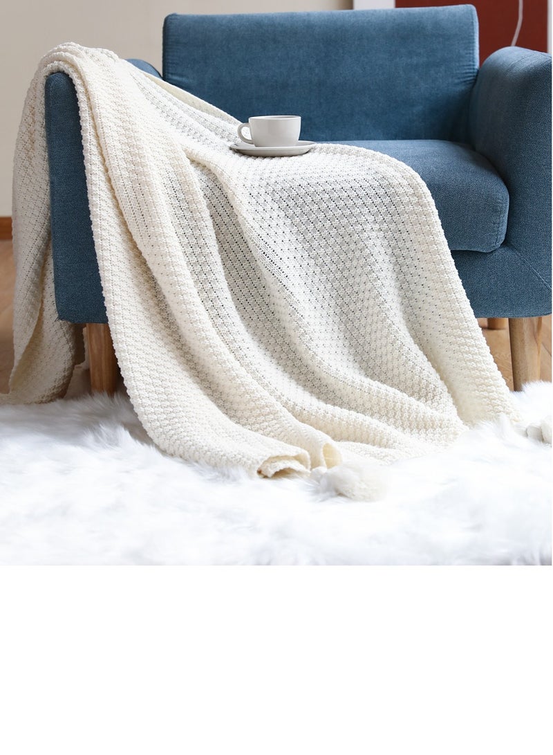 Solid Color Textured Knitted Soft Throw Blanket Keep Warm White