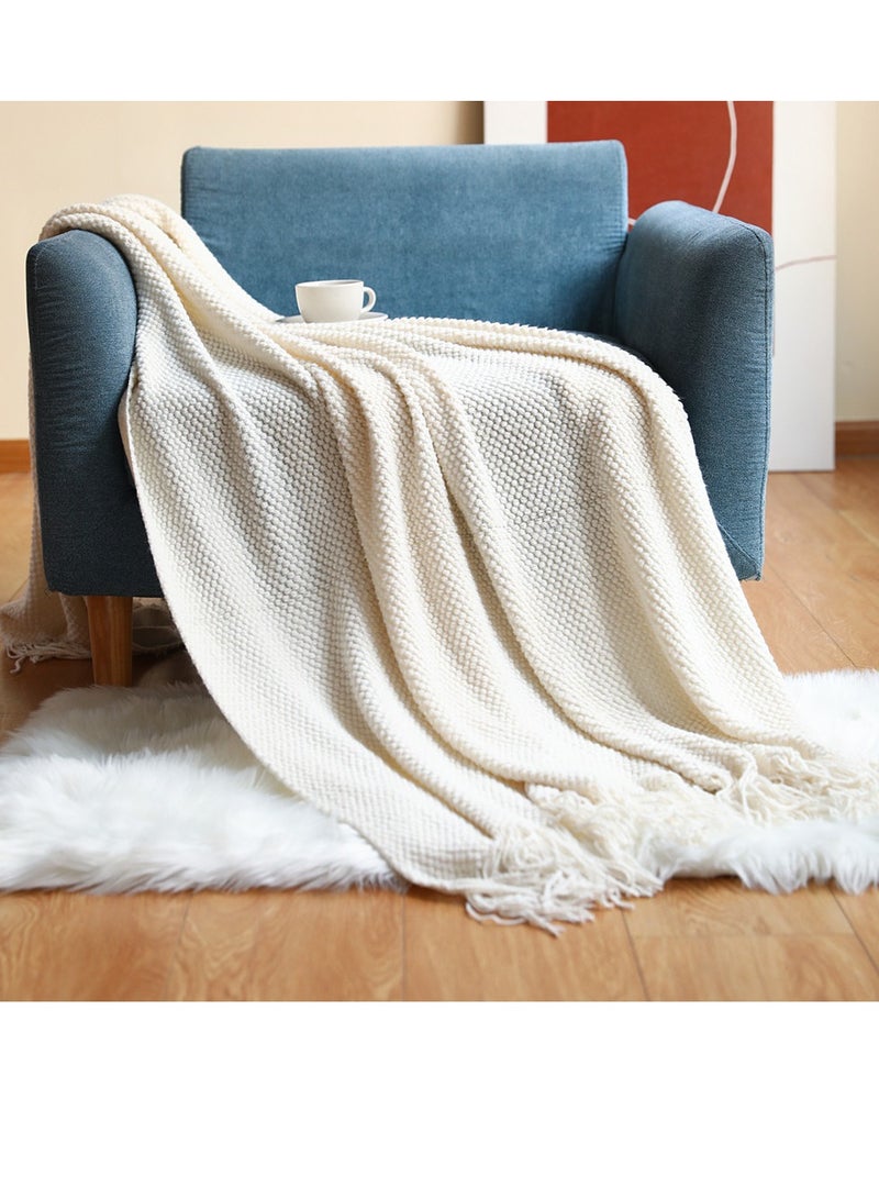 Tassel Design Knitted Textured Soft Throw Blanket Keep Warm Cream White