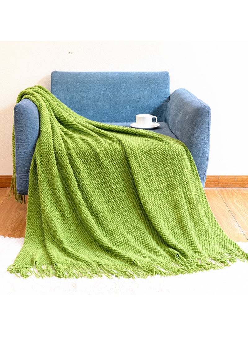 Tassel Design Knitted Textured Soft Throw Blanket Keep Warm Green