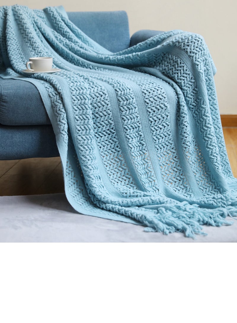 Solid Color Tassel Design Hollowed Knitted Soft Throw Blanket Blue