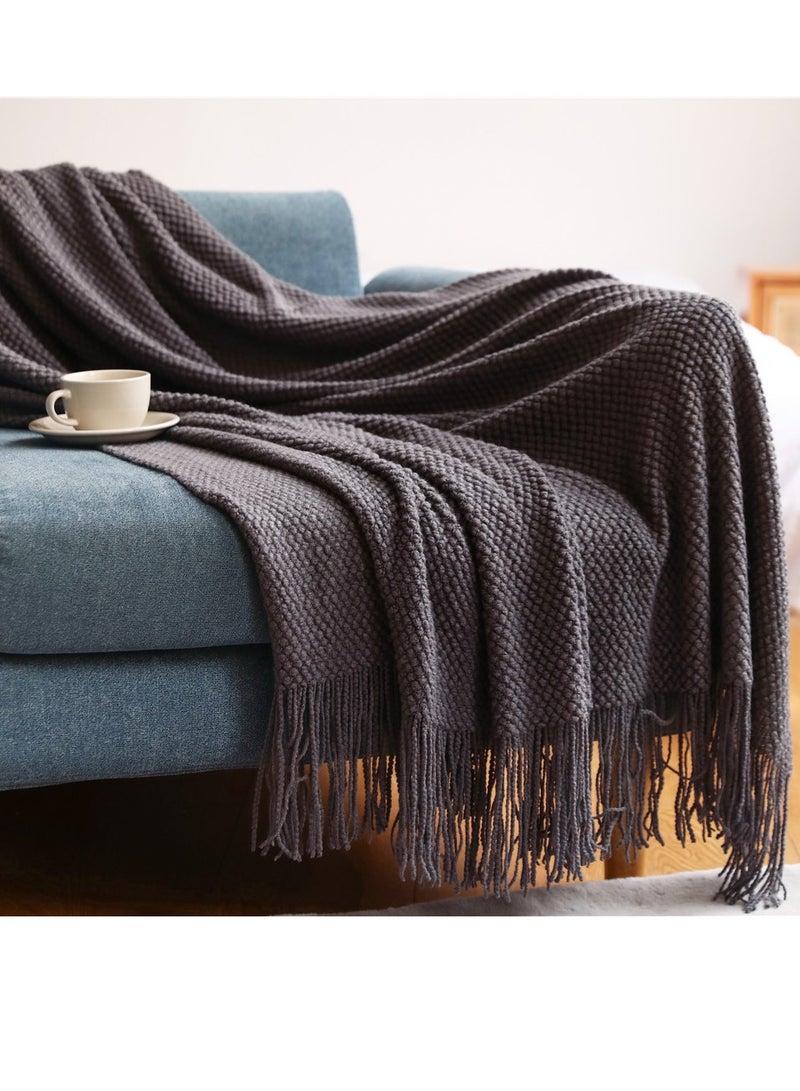 Tassel Design Knitted Textured Soft Throw Blanket Keep Warm Ash Grey