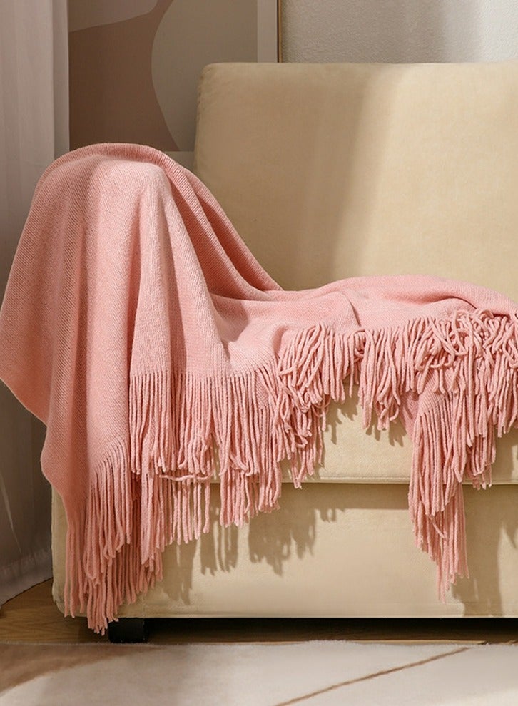 Solid Color Tassel Design Knitted Soft Throw Blanket Keep Warm Pink