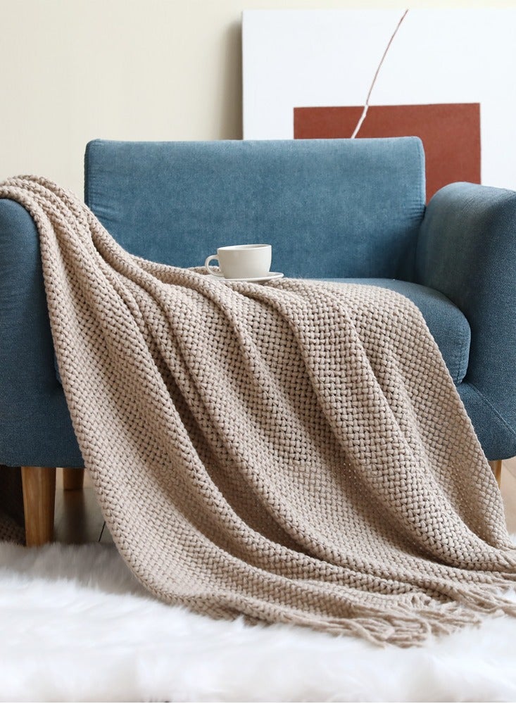 Solid Color Tassel Design Knitted Soft Throw Blanket Khaki