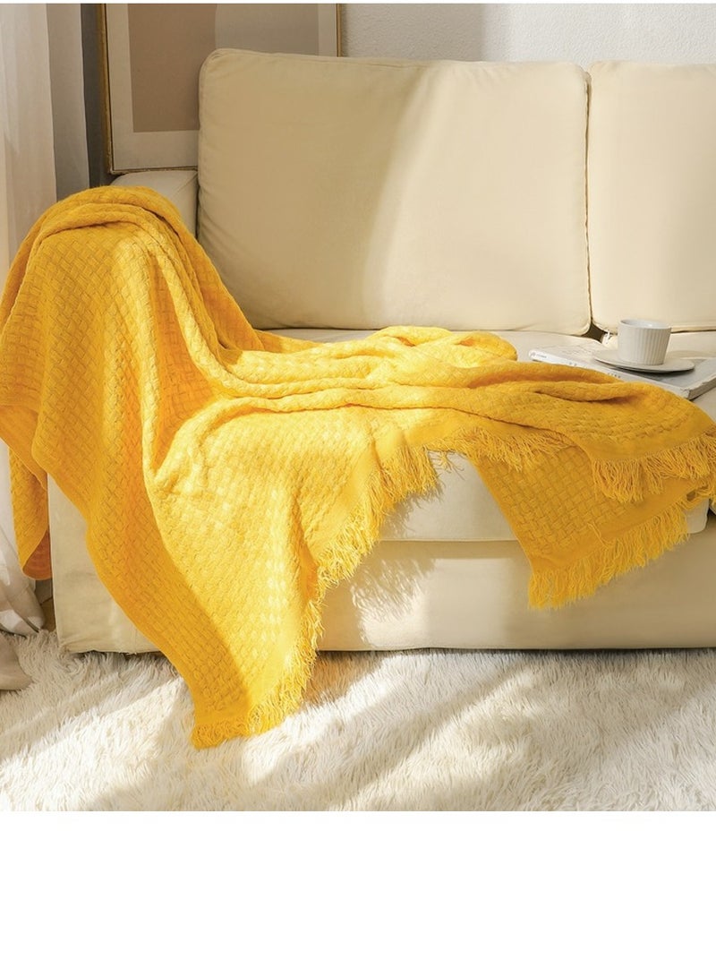 Solid Color Waffle Tassel Design Knitted Soft Throw Blanket Yellow