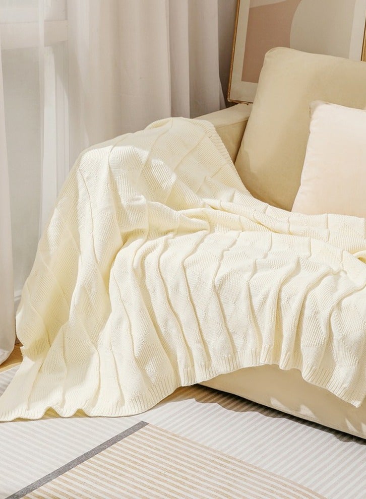 Solid Color Waffle Pattern Knitted Soft Throw Blanket Keep Warm White