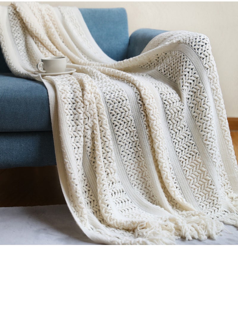 Solid Color Tassel Design Hollowed Knitted Soft Throw Blanket White
