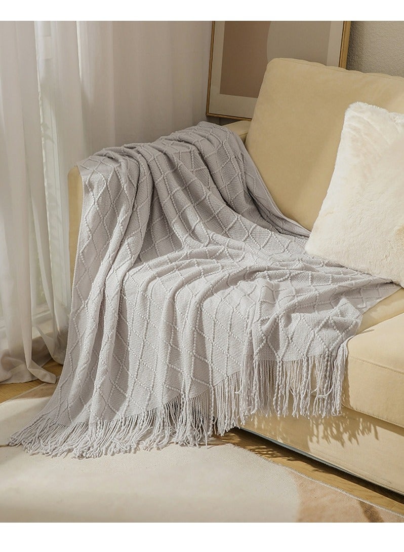Tassel Design Knitted Soft Throw Blanket Keep Warm Ginger Light Grey