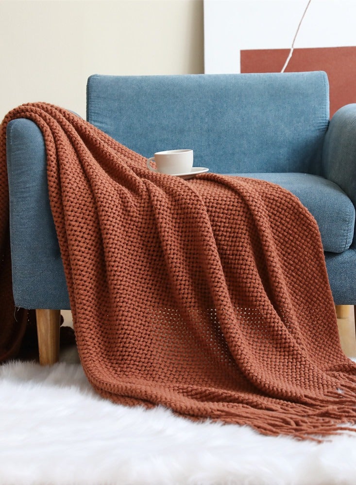 Solid Color Tassel Design Knitted Soft Throw Blanket Caramel