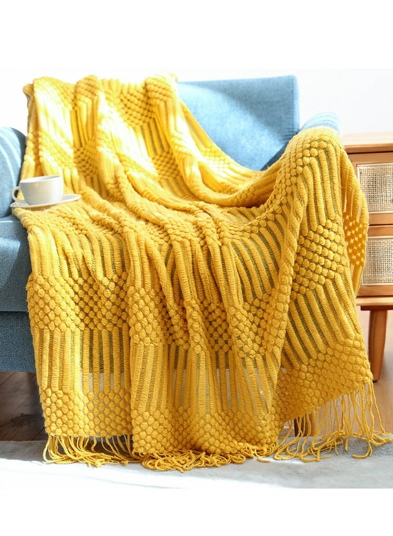 Tassel Design Textured Soft Throw Blanket Keep Warm Yellow