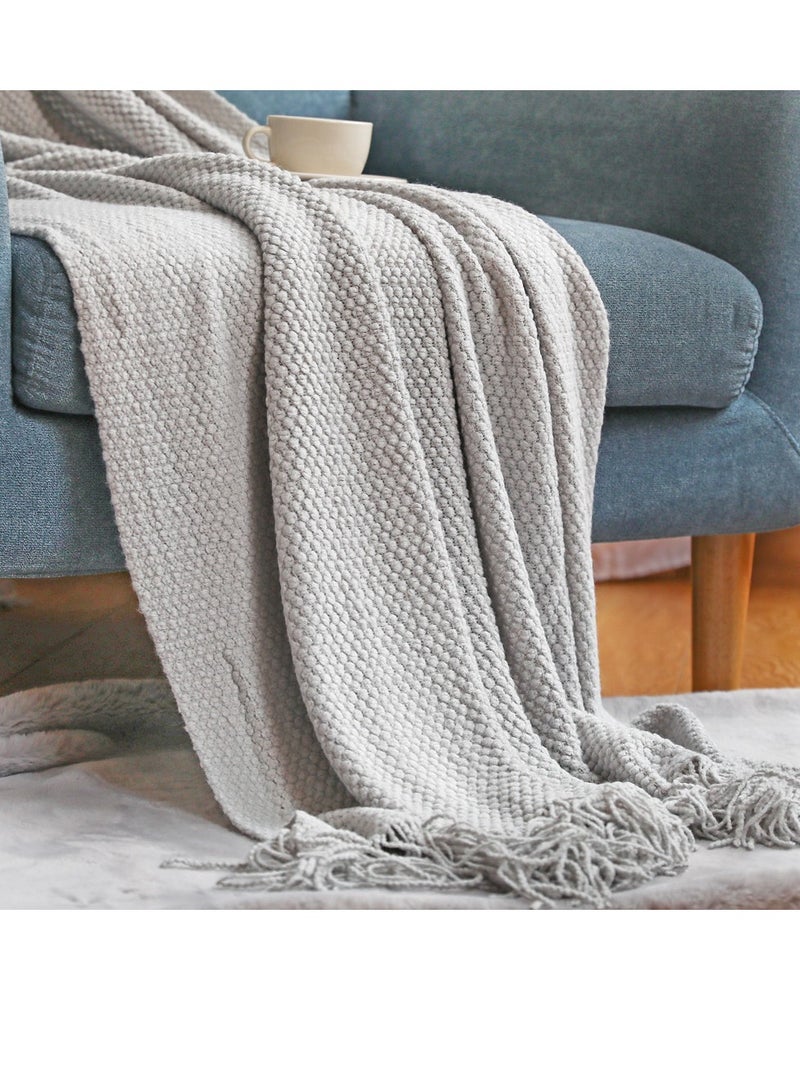 Tassel Design Knitted Textured Soft Throw Blanket Keep Warm Light Grey