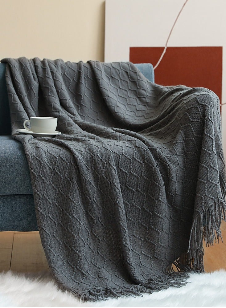 Solid Color Tassel Design Knitted Soft Throw Blanket Grey