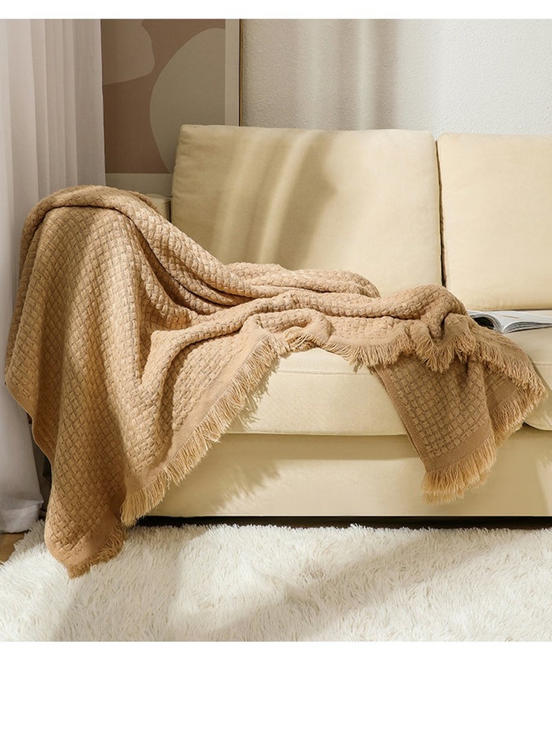 Solid Color Waffle Tassel Design Knitted Soft Throw Blanket Camel