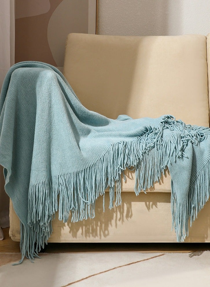 Solid Color Tassel Design Knitted Soft Throw Blanket Keep Warm Light Blue