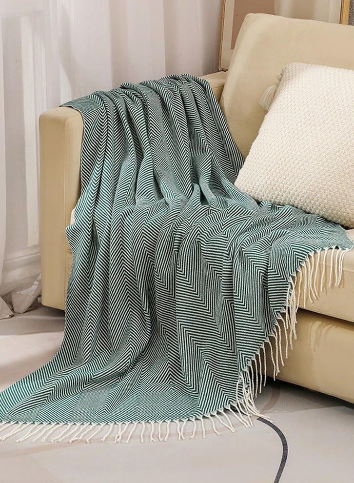 Stripes Tassel Design Knitted Soft Throw Blanket Green