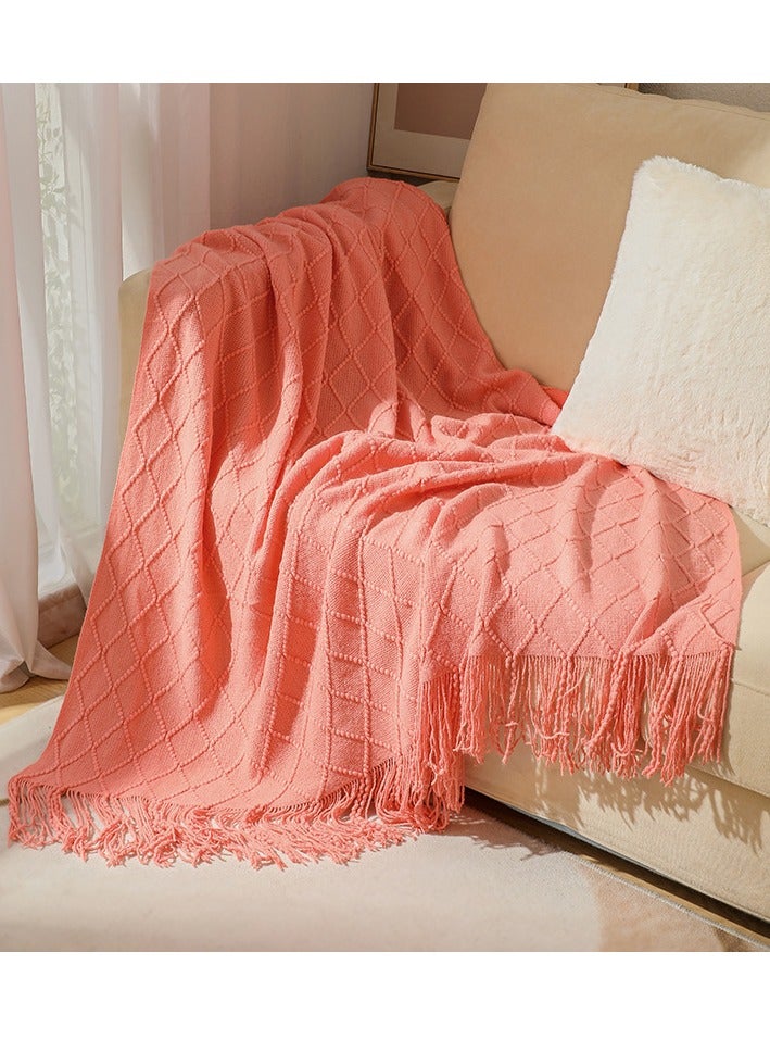 Tassel Design Knitted Soft Throw Blanket Keep Warm Ginger Coral Red