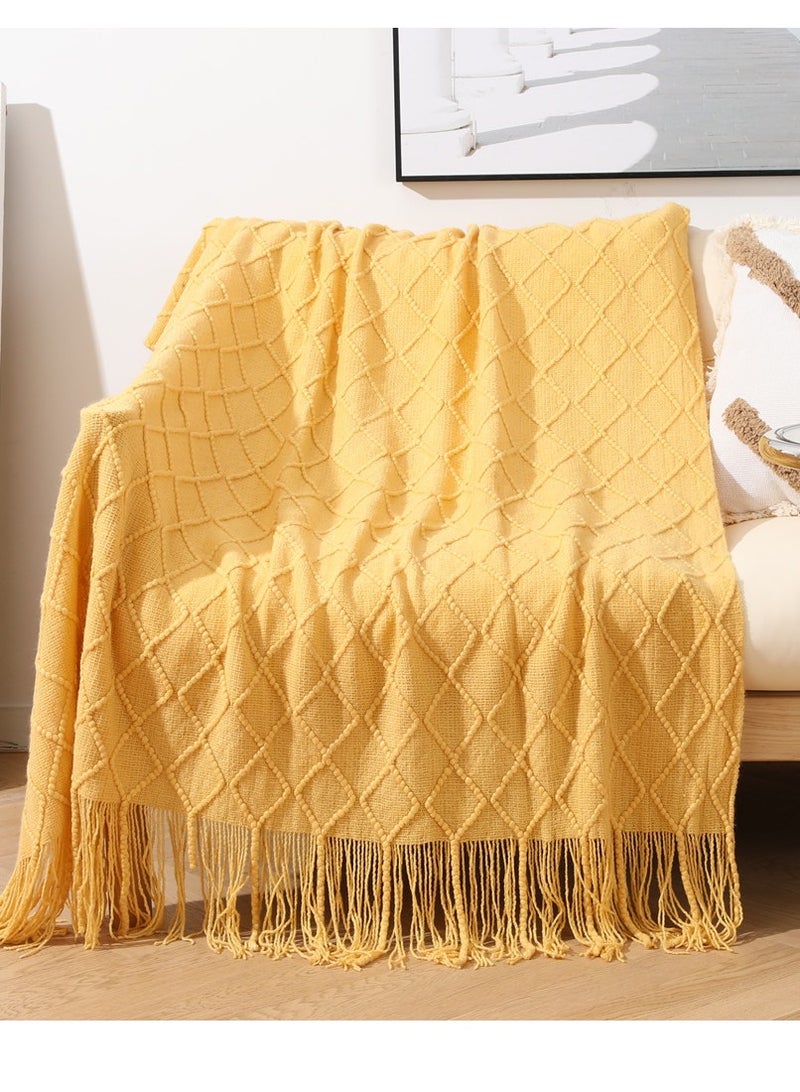 Tassel Design Knitted Soft Throw Blanket Keep Warm Ginger Light Yellow