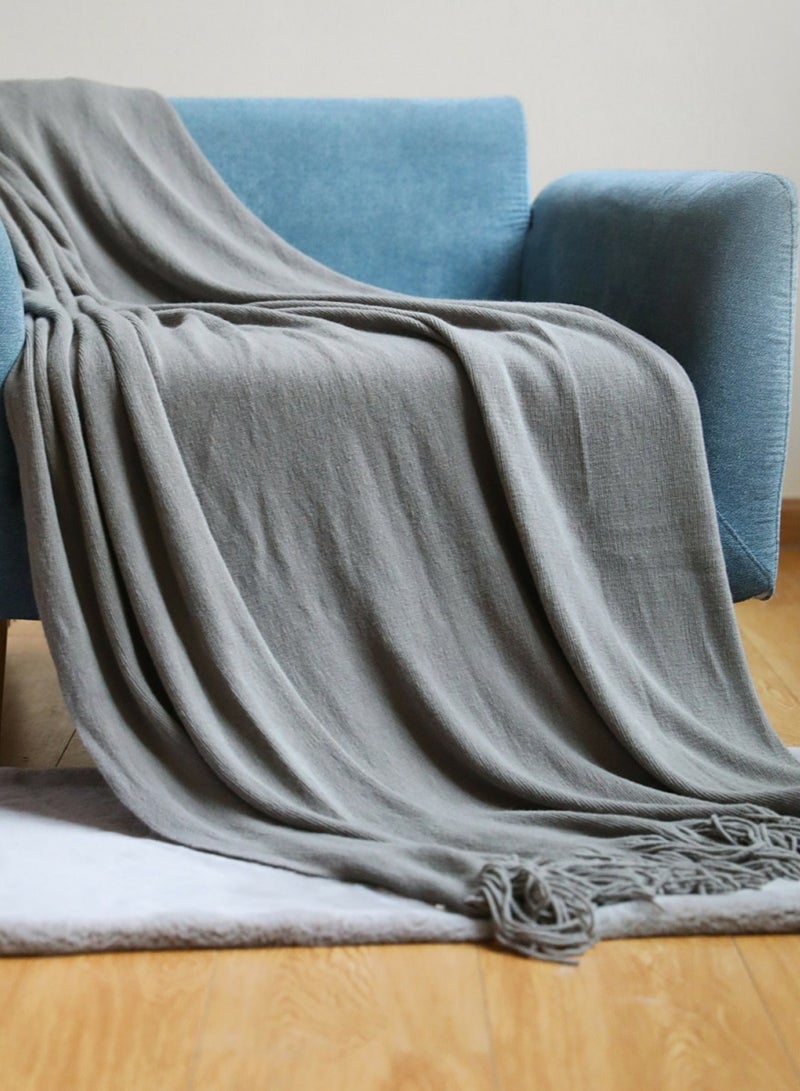 Solid Color Tassel Design Knitted Soft Throw Blanket Keep Warm Ash Grey