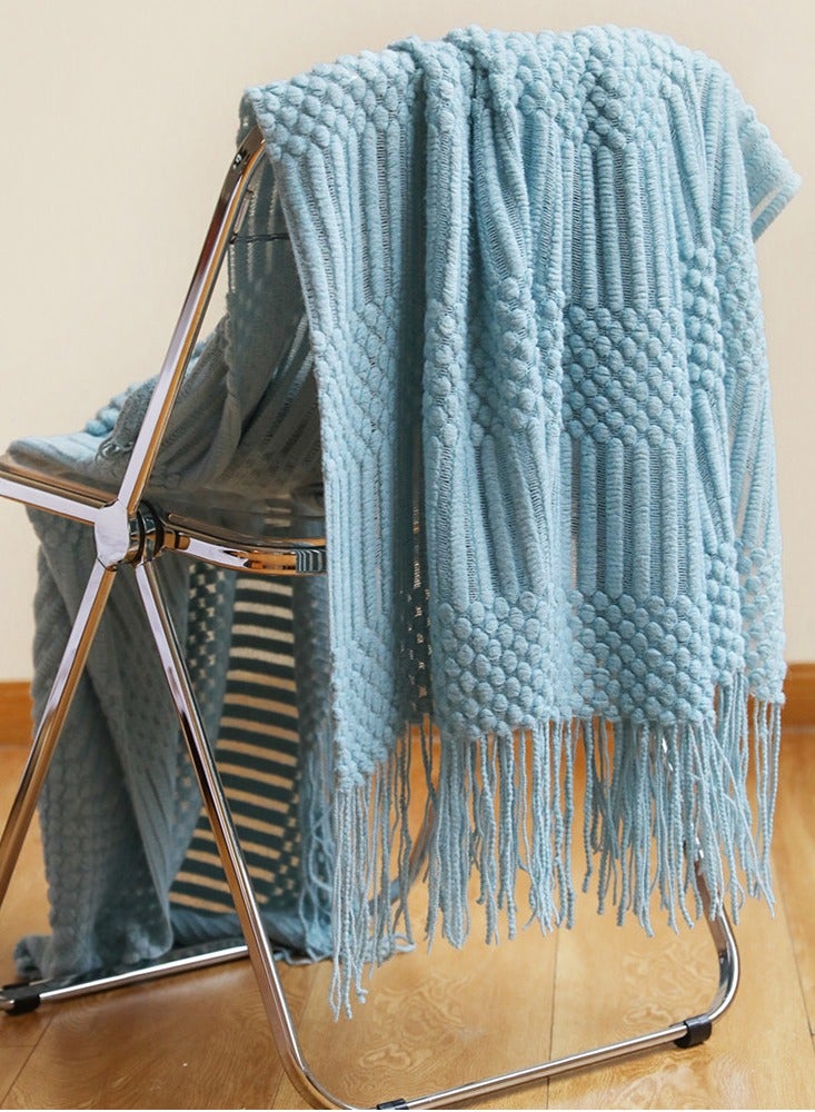 Tassel Design Textured Soft Throw Blanket Keep Warm Lake Blue