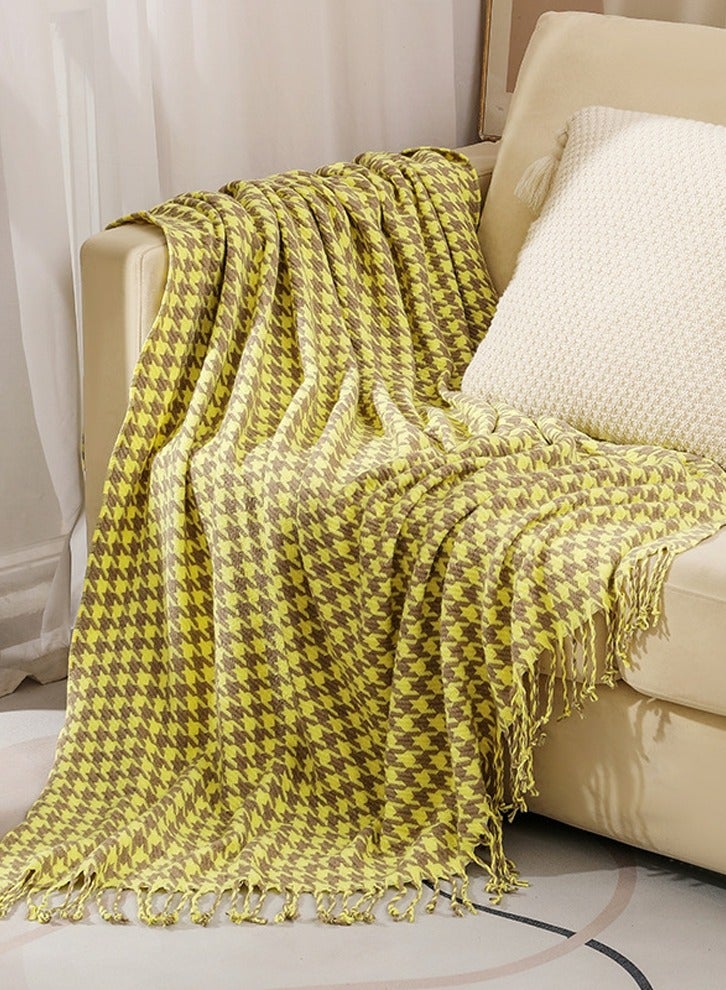 Houndstooth Pattern Tassel Design Knitted Soft Throw Blanket Yellow