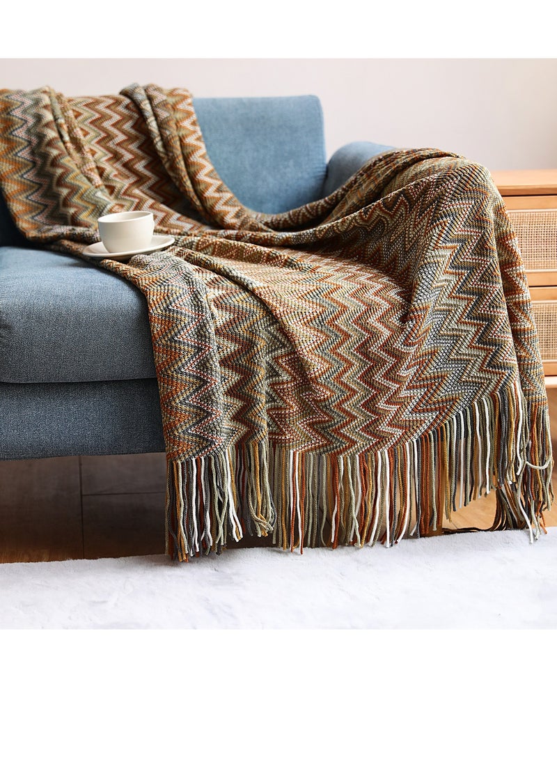 Tassel Design Bohemian Style Knitted Soft Throw Blanket Keep Warm Yellow Mix