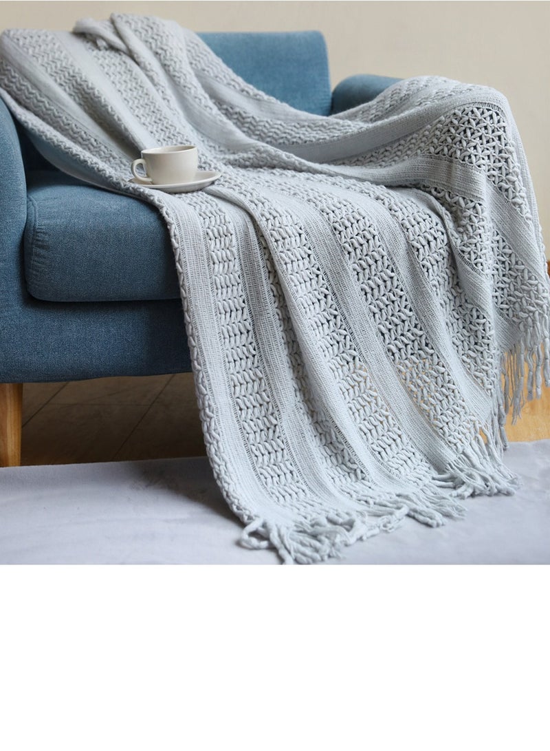 Solid Color Tassel Design Hollowed Knitted Soft Throw Blanket Light Grey