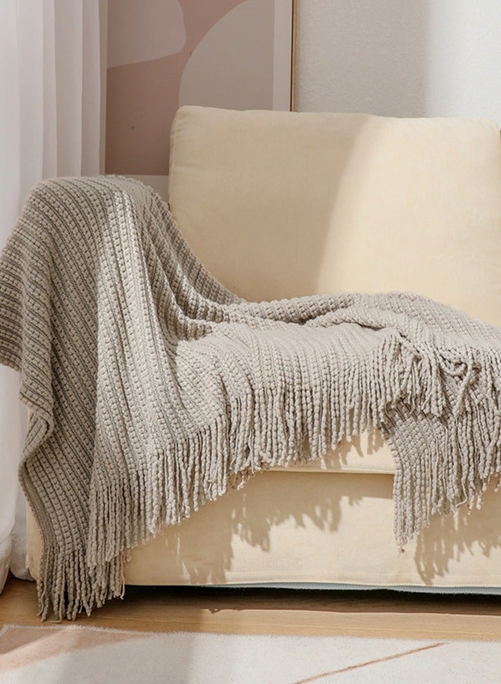 Solid Color Tassel Design Knitted Soft Throw Blanket Keep Warm Khaki