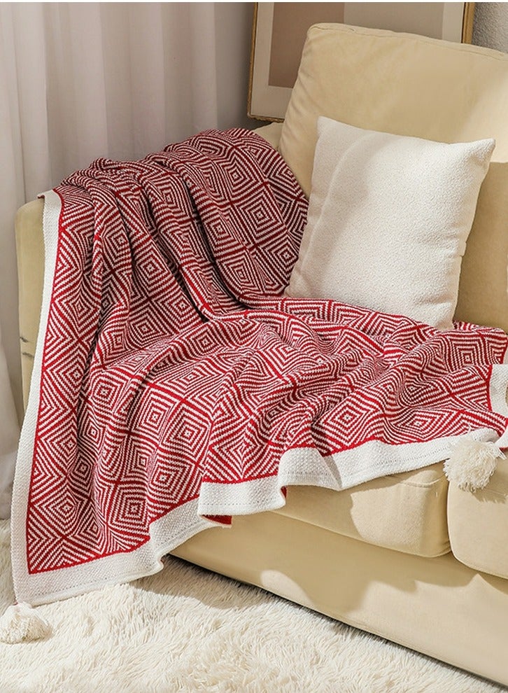Bohemian Style Knitted Jacquard Weave Soft Throw Blanket Red/White