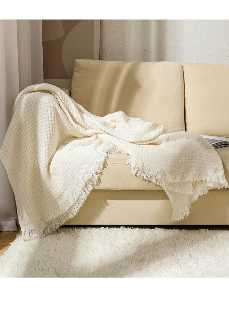 Solid Color Waffle Tassel Design Knitted Soft Throw Blanket White