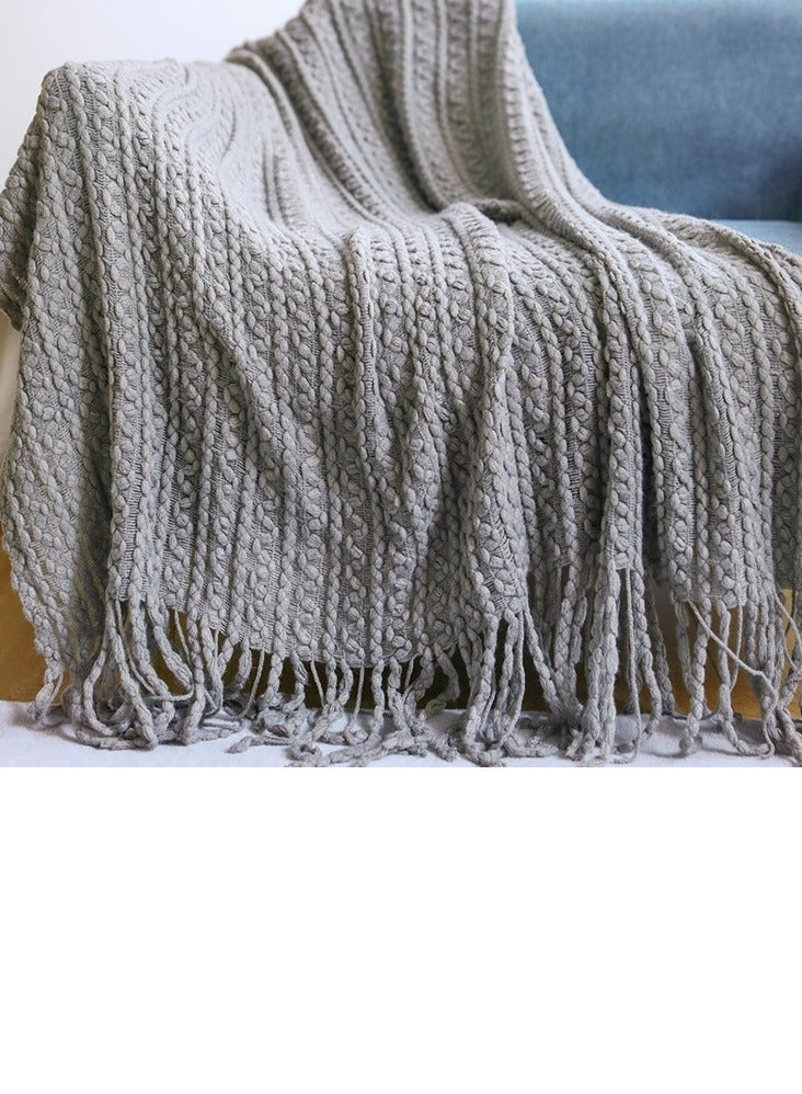 Tassel Design Knitted Textured Soft Throw Blanket Light Grey