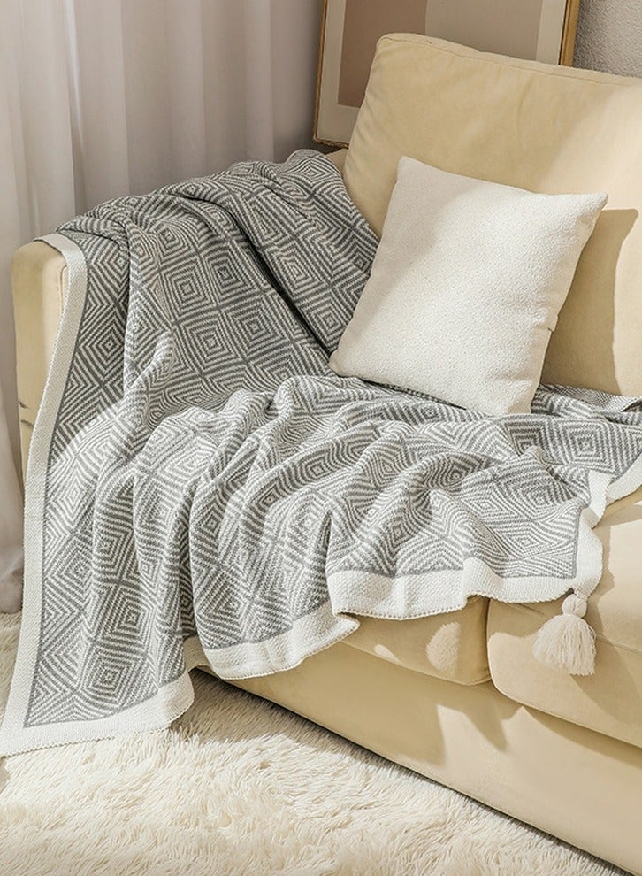 Bohemian Style Knitted Jacquard Weave Soft Throw Blanket Grey/White