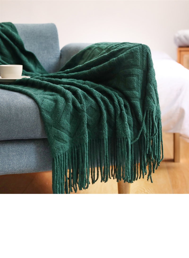 Solid Color Tassel Design Jacquard Weave Knitted Soft Throw Blanket Dark Green