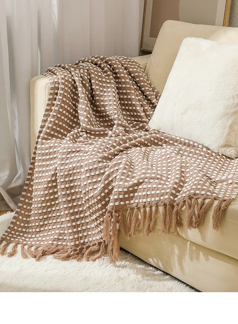 Tassel Design Knitted Jacquard Weave Soft Throw Blanket Khaki