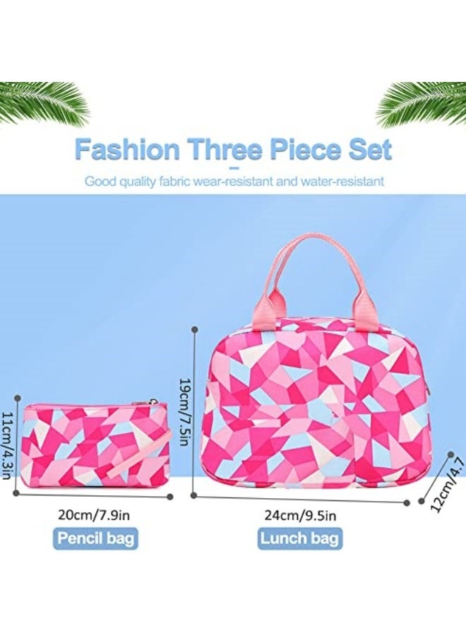 3Pcs School Bags,Children School Backpack,Geometric Print Backpack,School Bags for Teenagers,Large Capacity Backpack,Waterproof Backpacks,3 in 1 School Bag,Lunch Bag and Pencil Case (Red)